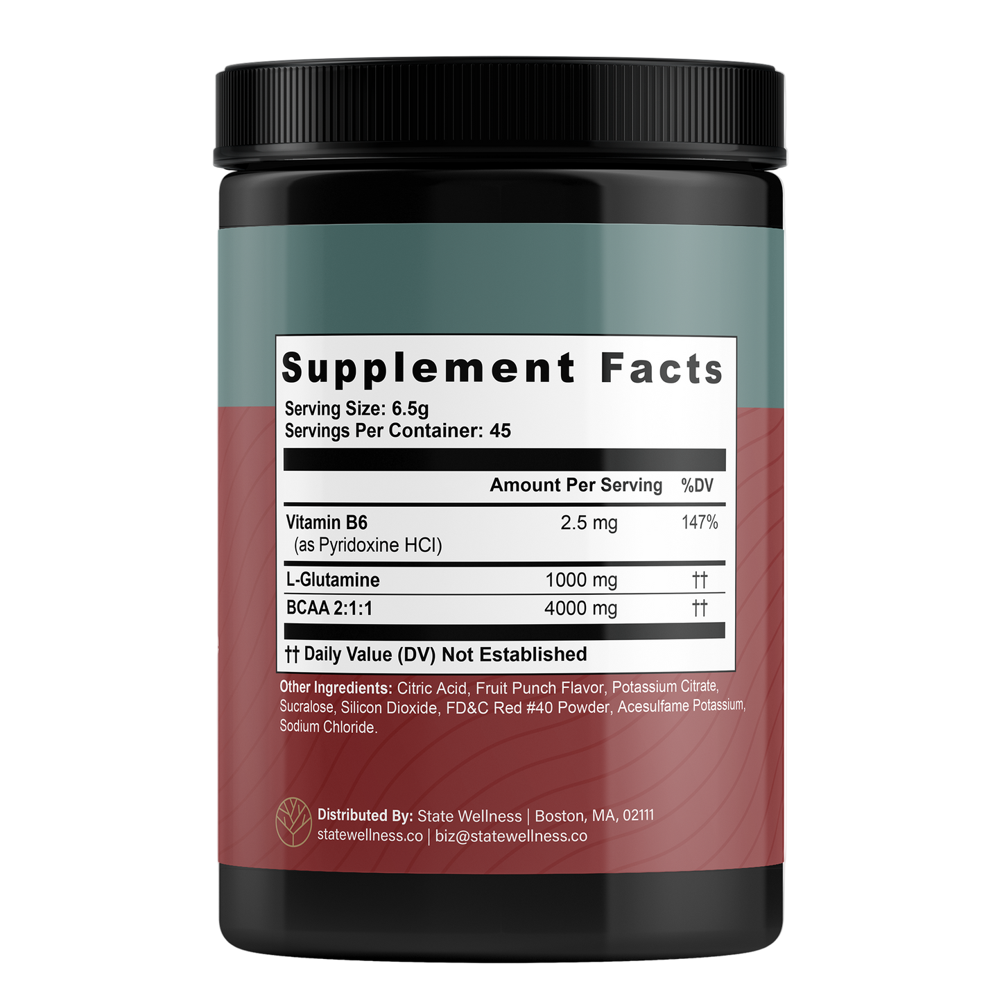 Supplement container with label showing 'Supplement Facts' for BCAA Recovery Powder on a white background