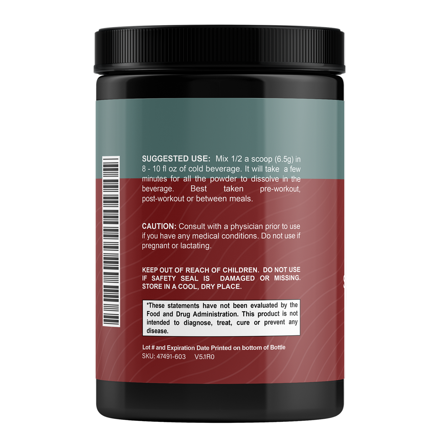 Back label of BCAA Recovery Powder with text and a barcode on a white background