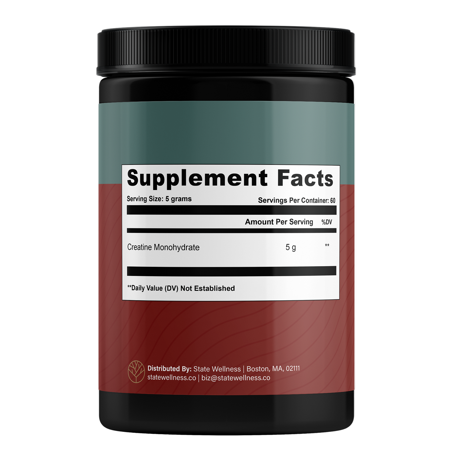 STATE Wellness Creatine Monohydrate supplement facts label showcasing serving size and amount per serving.