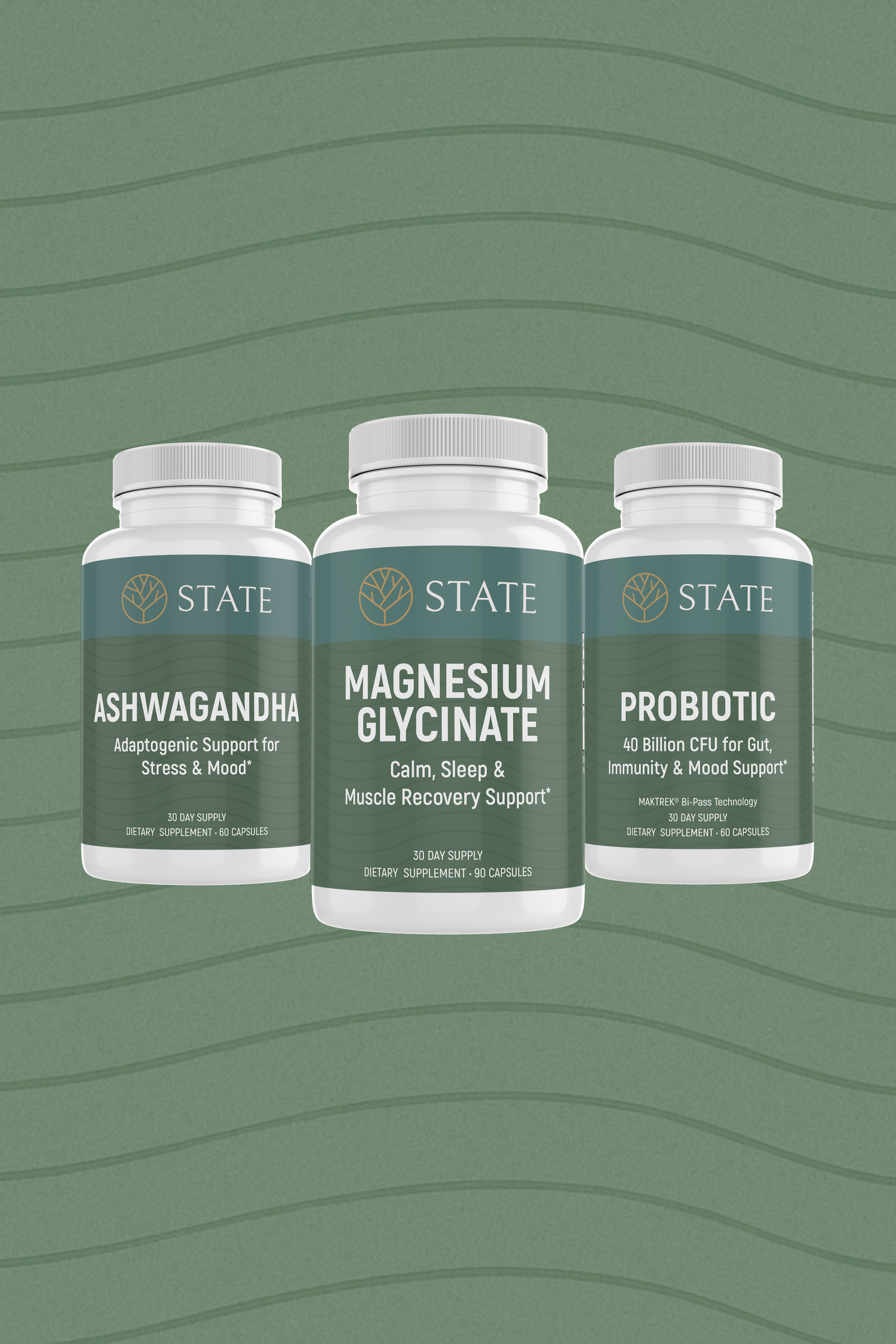 Three supplement bottles labeled 'Ashwagandha', 'Magnesium Glycinate', and 'Probiotic' on a green background.
