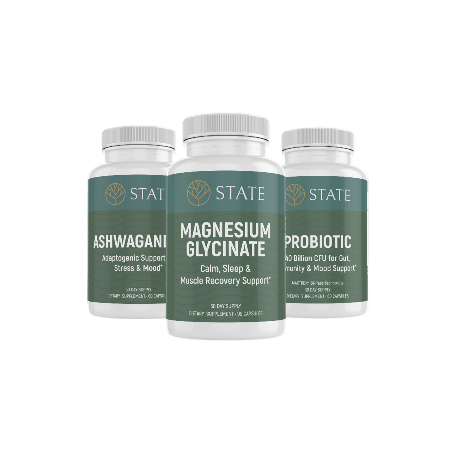 Three supplement bottles labeled Ashwagandha, Magnesium Glycinate, and Probiotic on a white background