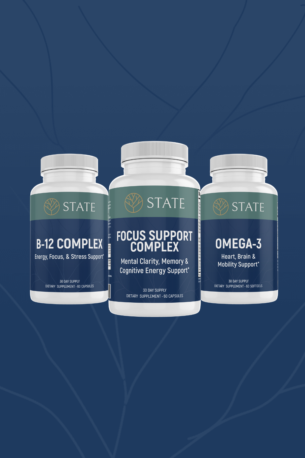 Three supplement bottles labeled 'B-12 Complex', 'Focus Support Complex', and 'Omega-3' on a blue background.