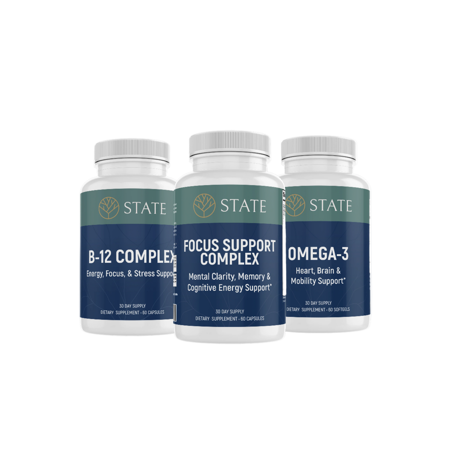 Three supplement bottles labeled B-12 Complex, Focus Support Complex, and Omega-3 on a white background.
