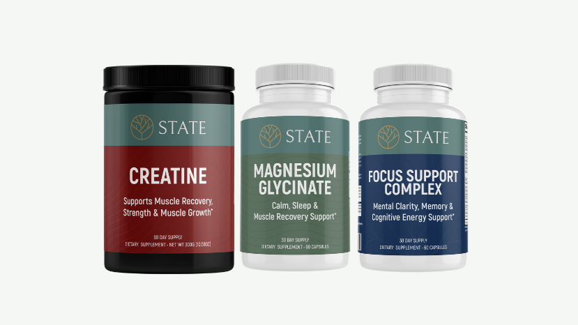 Three supplement bottles labeled 'Creatine', 'Magnesium Glycinate', and 'Focus Support Complex' on a white background.