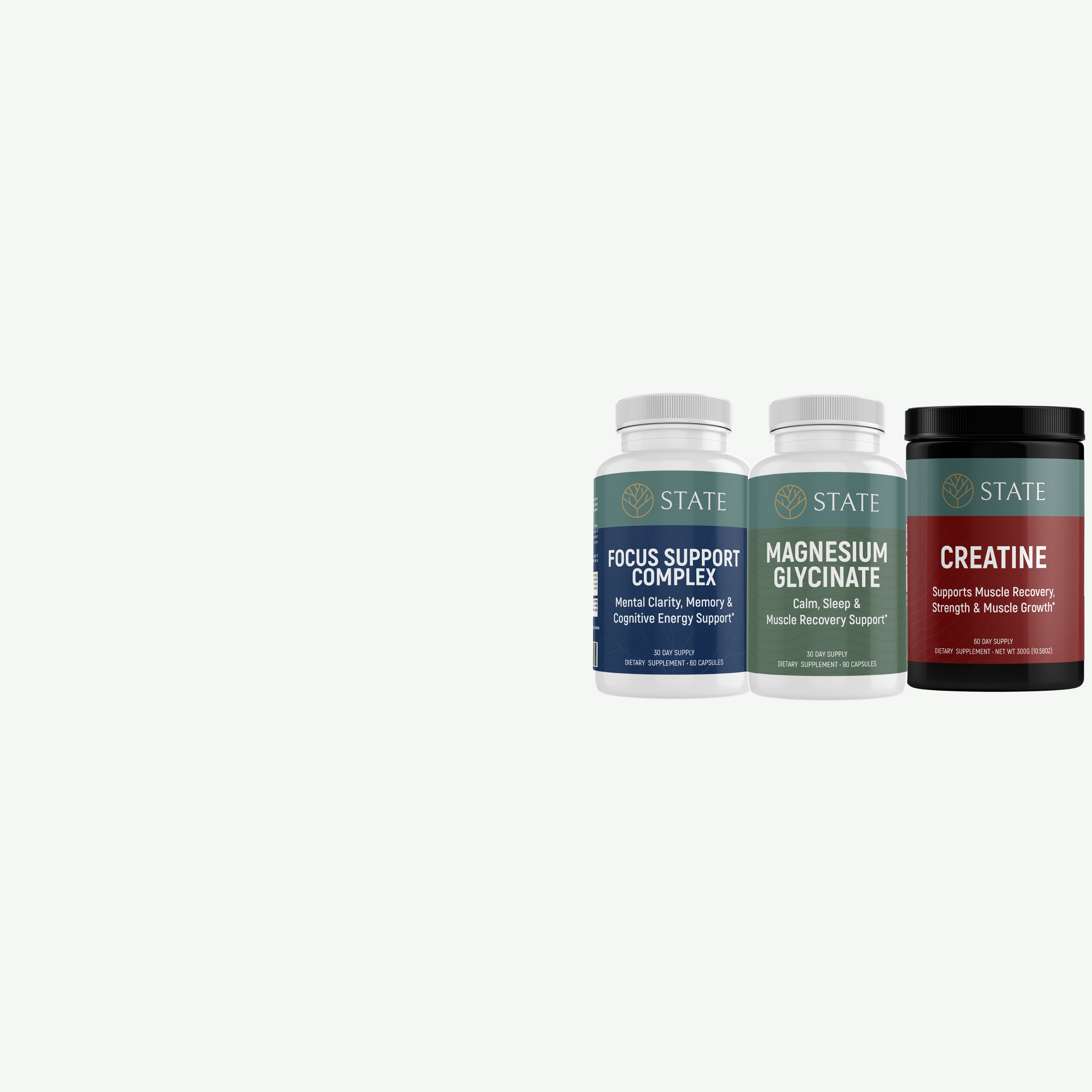 Three supplement bottles labeled 'Focus Support Complex', 'Magnesium Glycinate', and 'Creatine' on a white background.