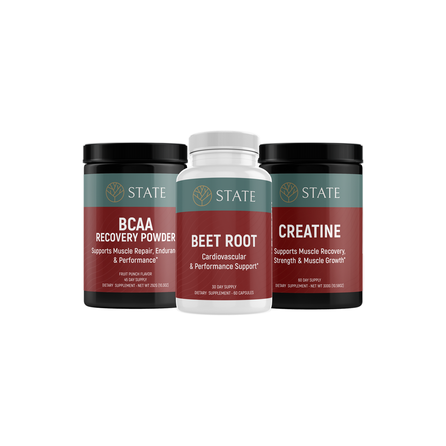 Three supplement containers labeled BCAA, Beet Root, and Creatine on a white background