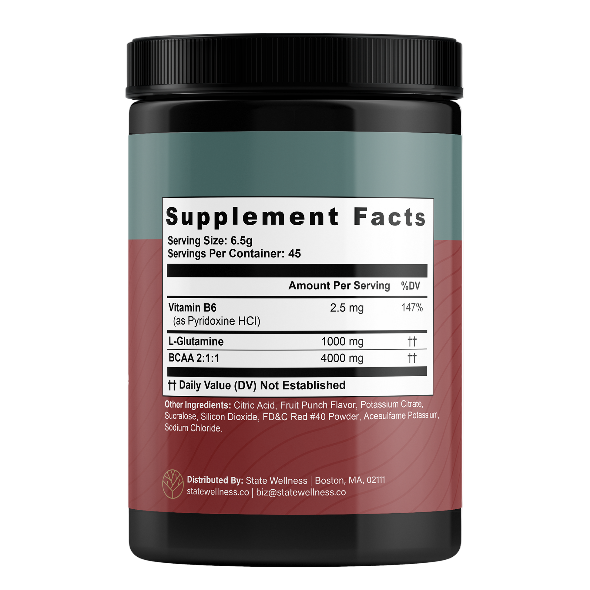 Supplement container with label showing 'Supplement Facts' for BCAA Recovery Powder on a white background
