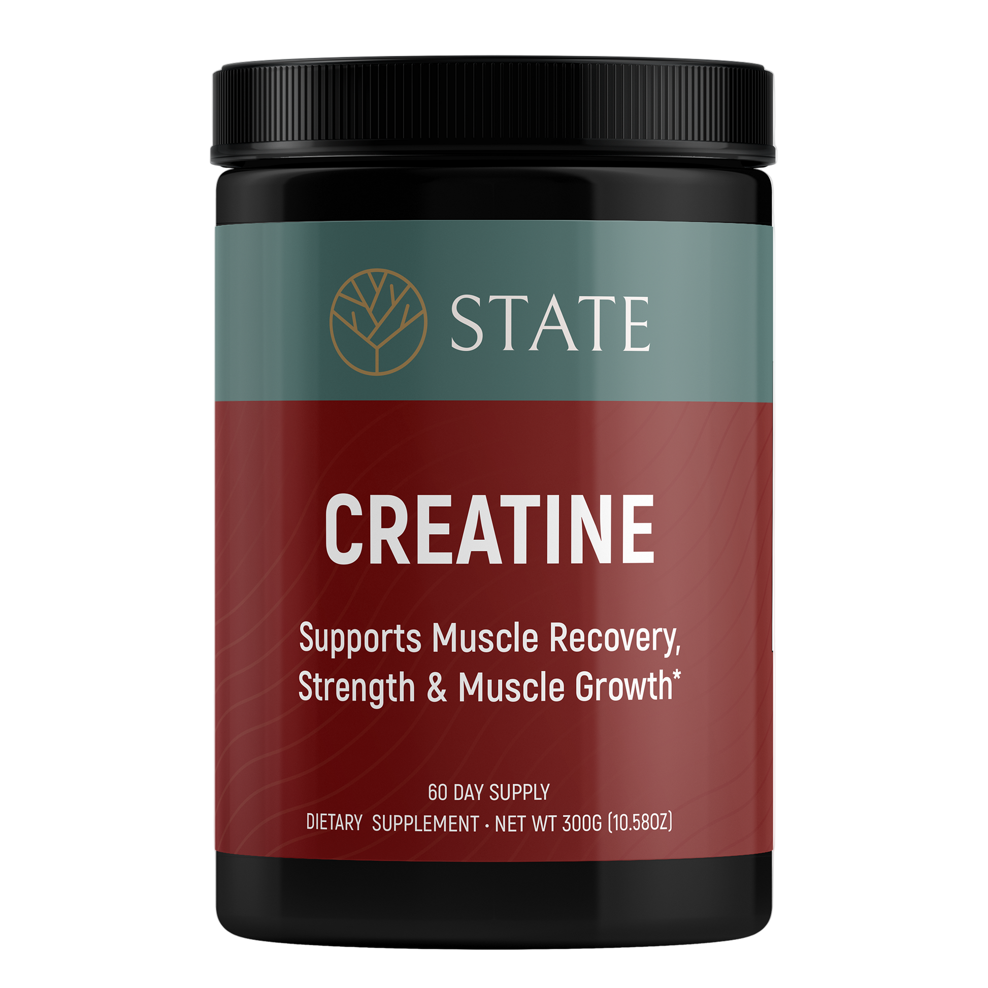 STATE Wellness Creatine Monohydrate supplement jar, supports muscle recovery, strength, and growth.