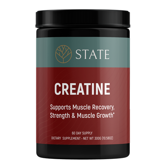 STATE Wellness Creatine Monohydrate supplement jar, supports muscle recovery, strength, and growth.