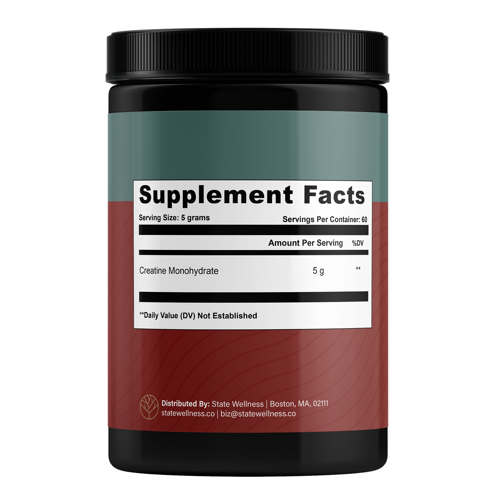 STATE Wellness Creatine Monohydrate supplement facts label showcasing serving size and amount per serving.