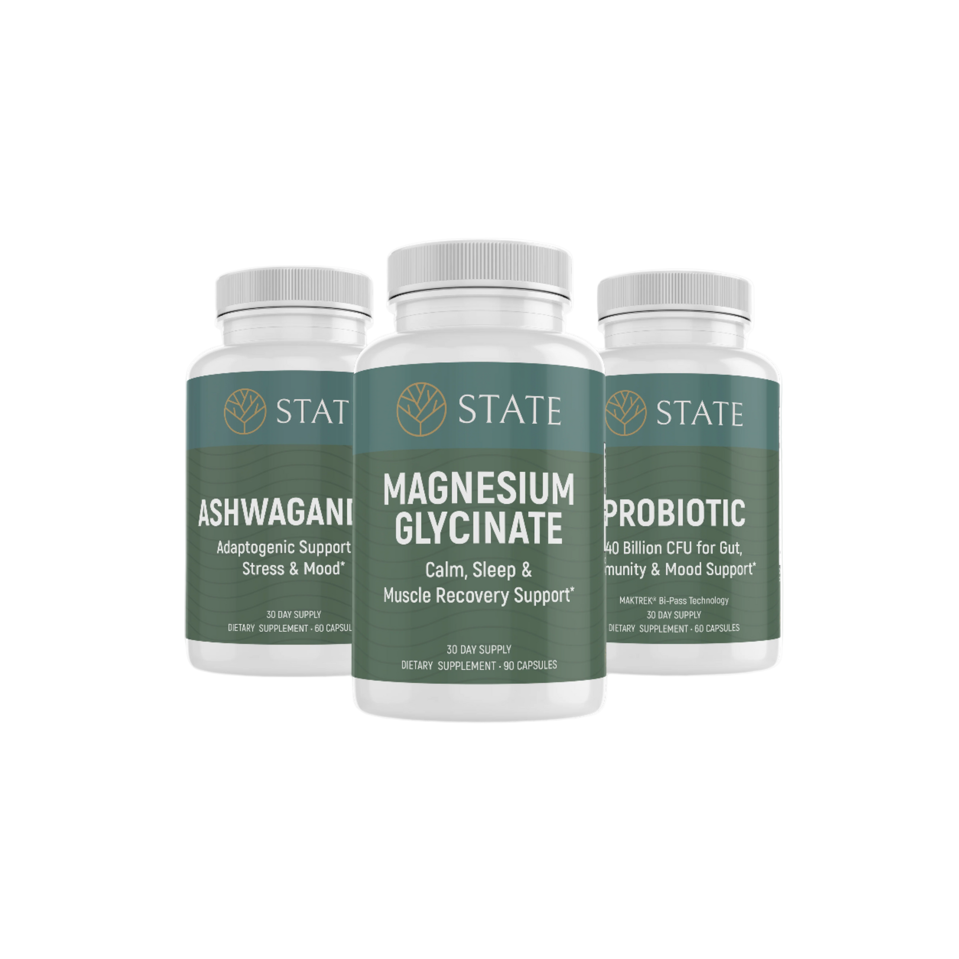 Three supplement bottles labeled Ashwagandha, Magnesium Glycinate, and Probiotic on a white background