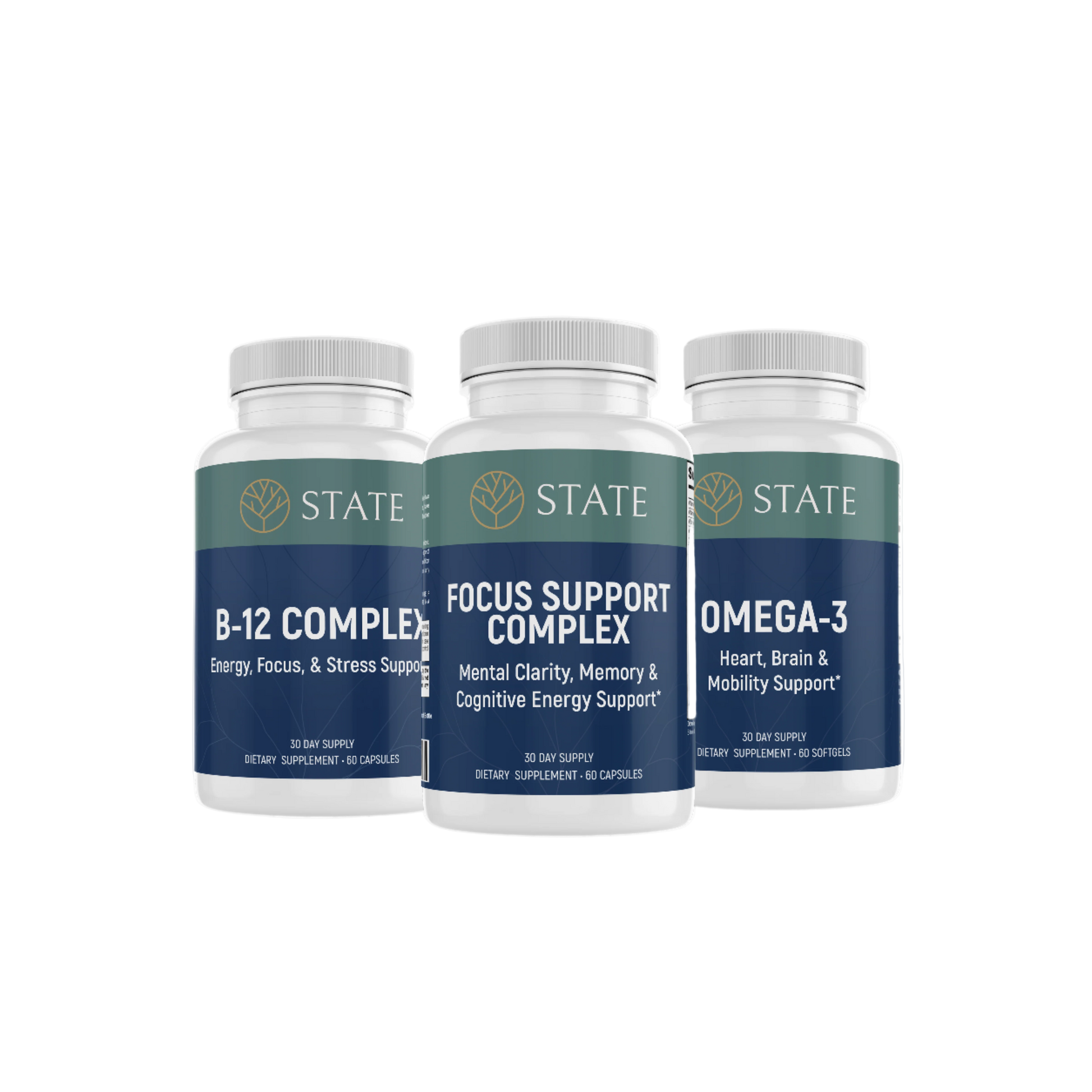 Three supplement bottles labeled B-12 Complex, Focus Support Complex, and Omega-3 on a white background.