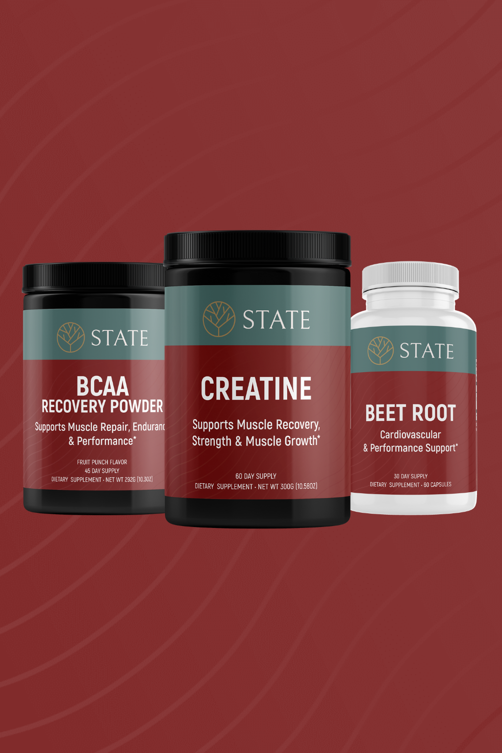 Three supplement containers labeled 'BCAA Recovery Powder', 'Creatine', and 'Beet Root' on a red background.