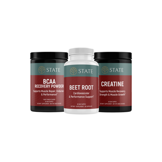 Three supplement containers labeled BCAA, Beet Root, and Creatine on a white background